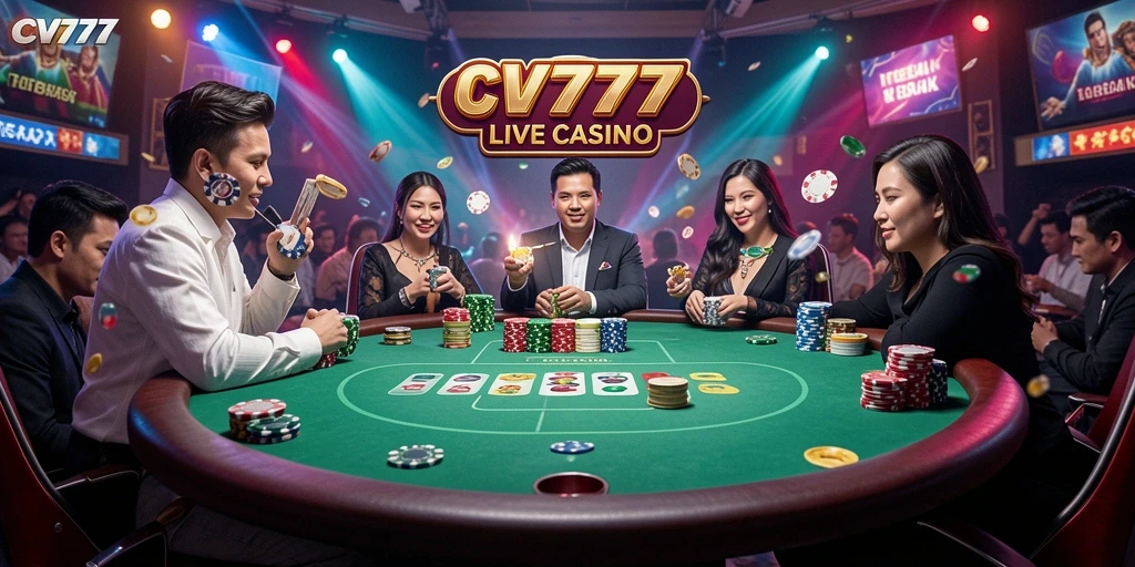 Tampilan utama gameplay CV777 dengan dealer langsung di Live Casino.