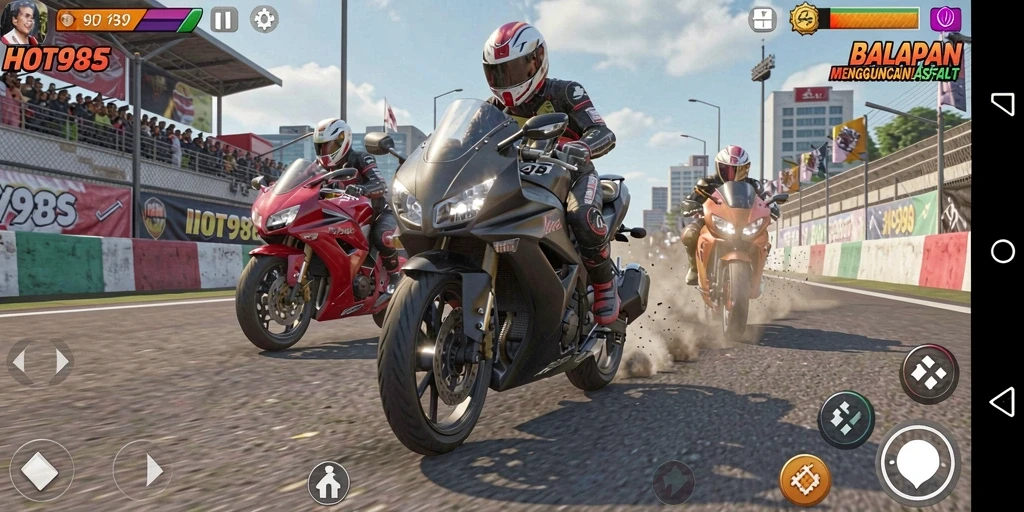 Screenshot HOT985 menampilkan aksi balapan motor yang seru dan mendebarkan.
