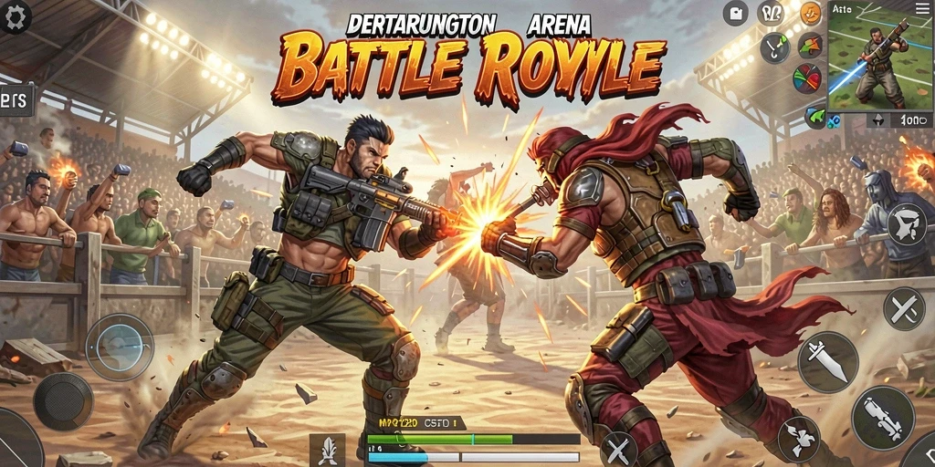 Screenshot gameplay MPO1221 yang menunjukkan pertarungan Battle Royale intens.