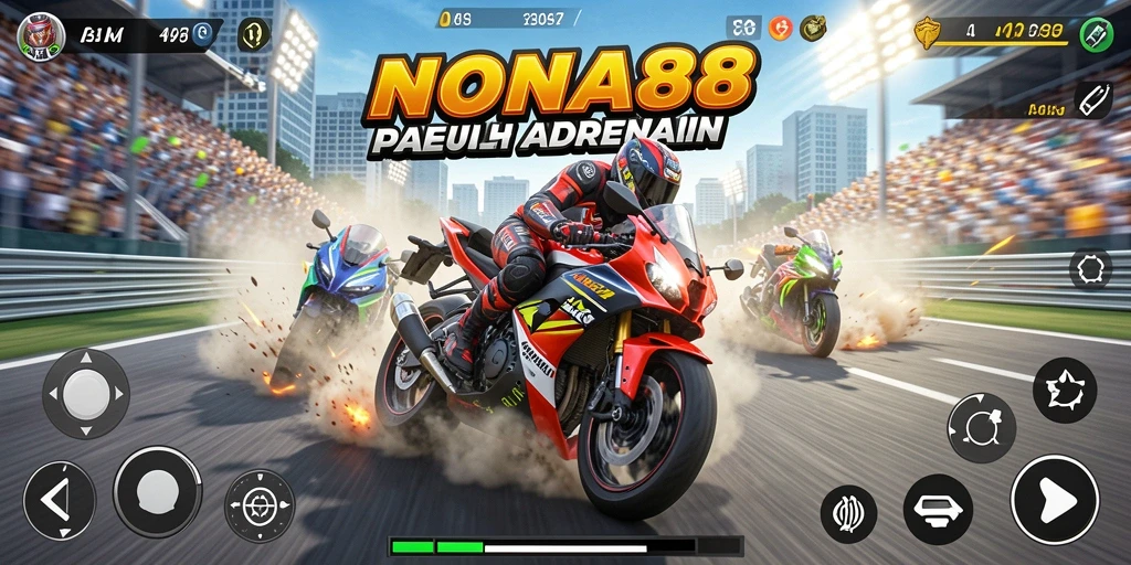 Screenshot gameplay NONA88 yang menampilkan aksi balapan motor.