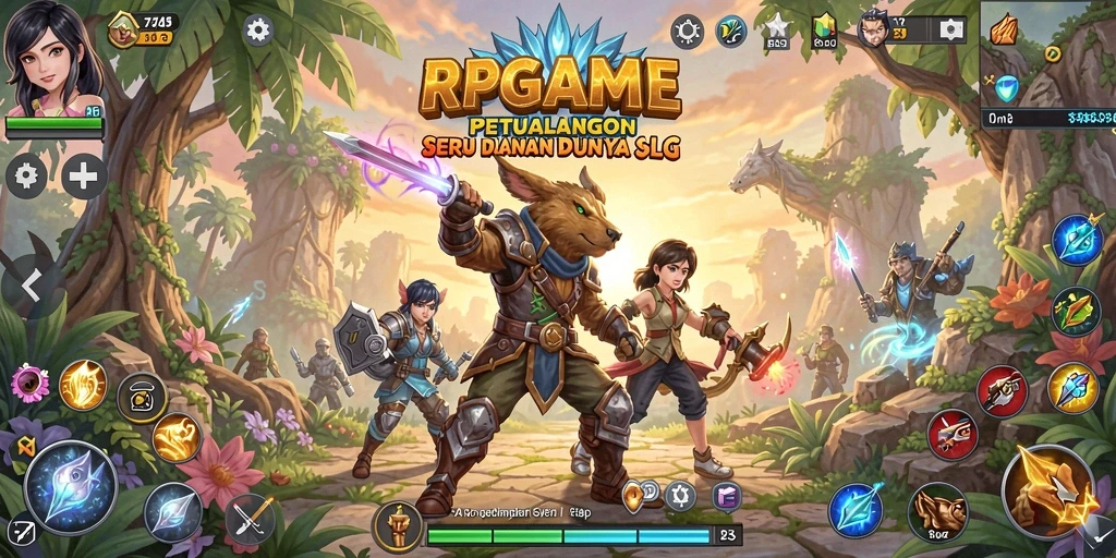Tangkapan layar RPGAME menampilkan pertempuran strategis dan pembangunan kerajaan.