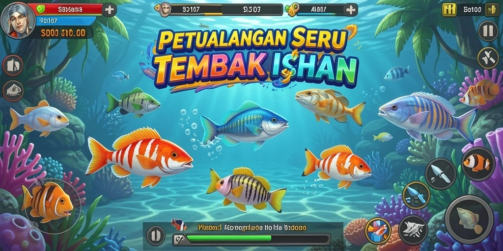 Tampilan gameplay seru saat menembak ikan di bawah laut.